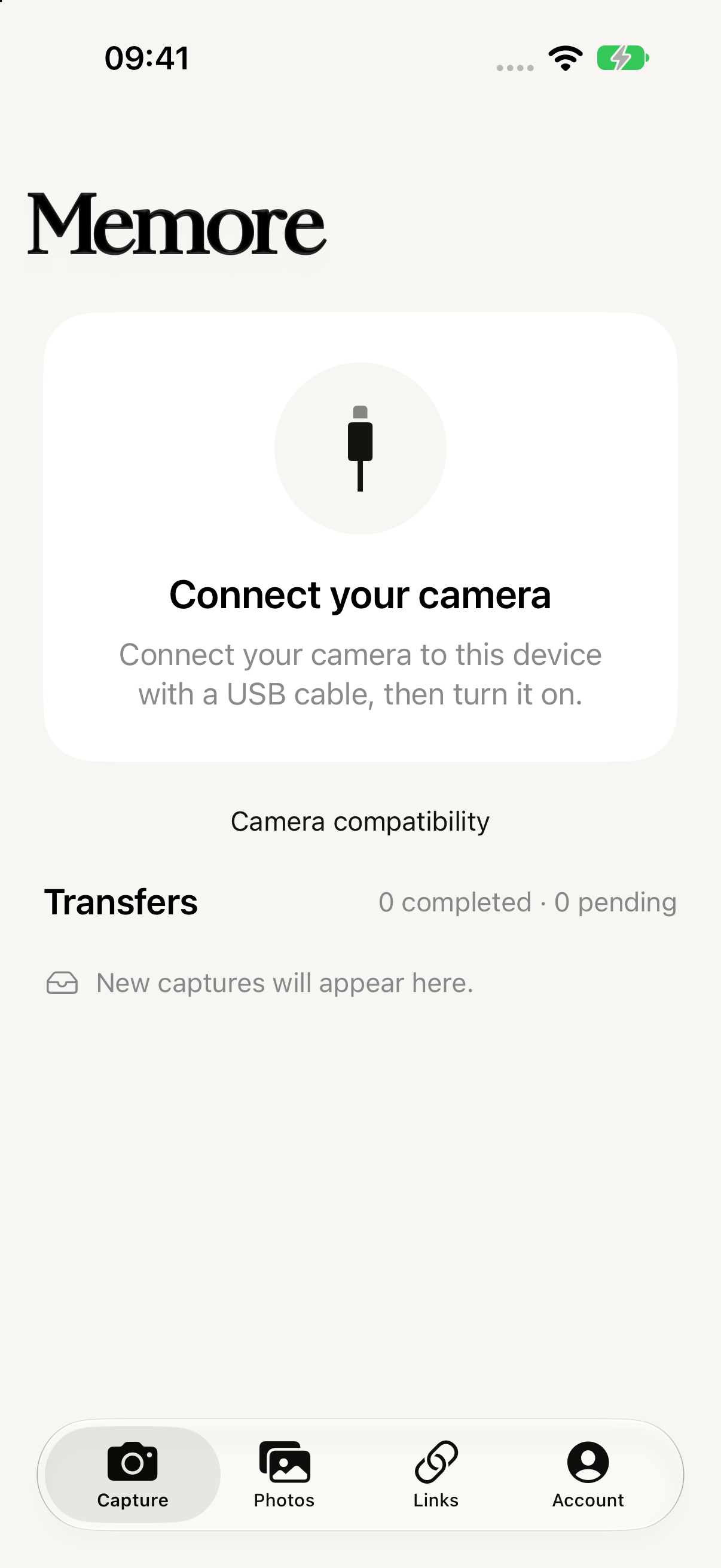Kameraanslutning i Memore Capture